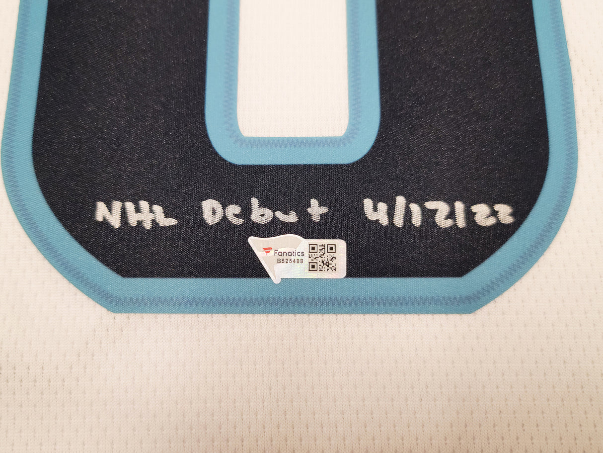 Seattle Kraken Matty Beniers Autographed White Fanatics Jersey Size XL With Inaugural Patch "NHL Debut" Fanatics Holo Stock #206008