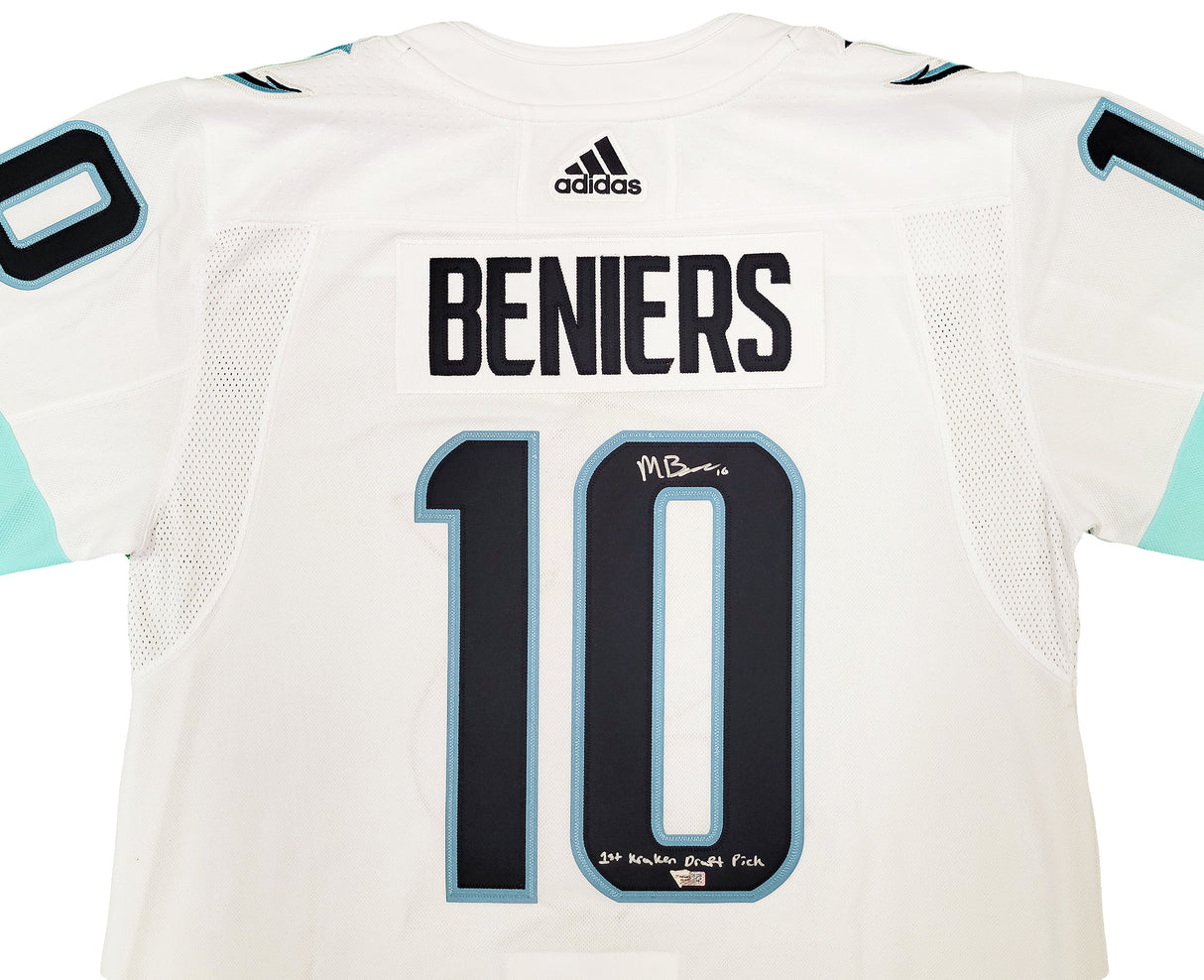 Seattle Kraken Matty Beniers Autographed White Adidas Authentic Jersey Size 54 With Inaugural Patch "1st Kraken Draft Pick" Fanatics Holo Stock #206010