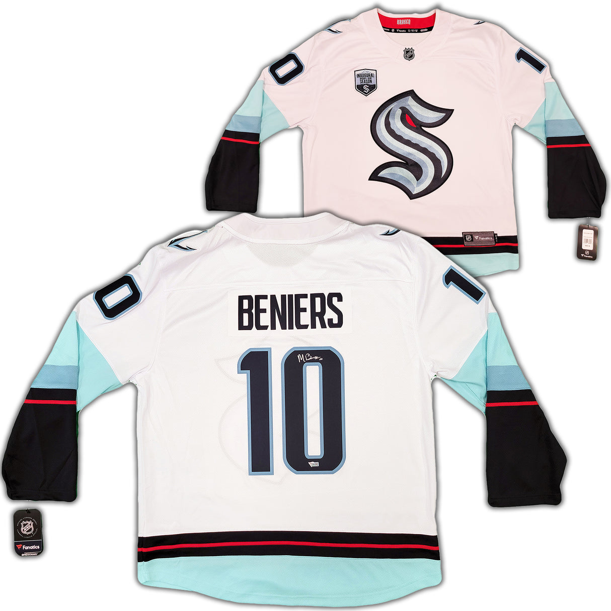 Seattle Kraken Matty Beniers Autographed White Fanatics Jersey Size XL With Inaugural Patch Fanatics Holo Stock #206007