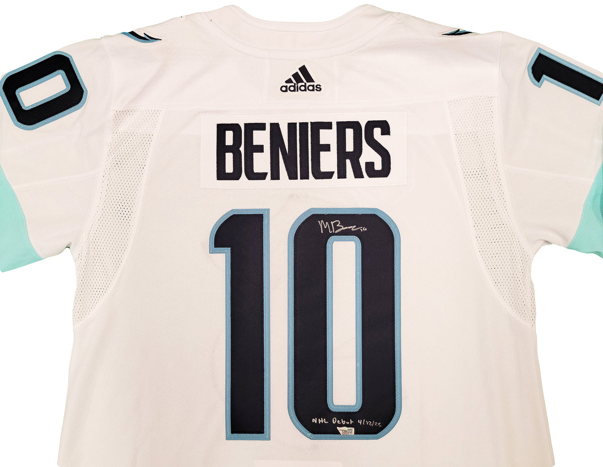 Seattle Kraken Matty Beniers Autographed White Adidas Authentic Jersey Size 54 With Inaugural Patch "NHL Debut" Fanatics Holo Stock #206011