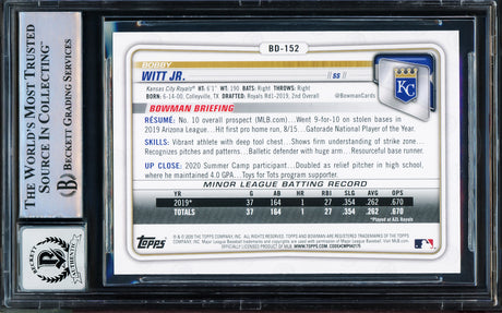 Bobby Witt Jr. Autographed 2020 Bowman Draft Rookie Card #BD-152 Kansas City Royals Auto Grade Gem Mint 10 Beckett BAS Stock #206065