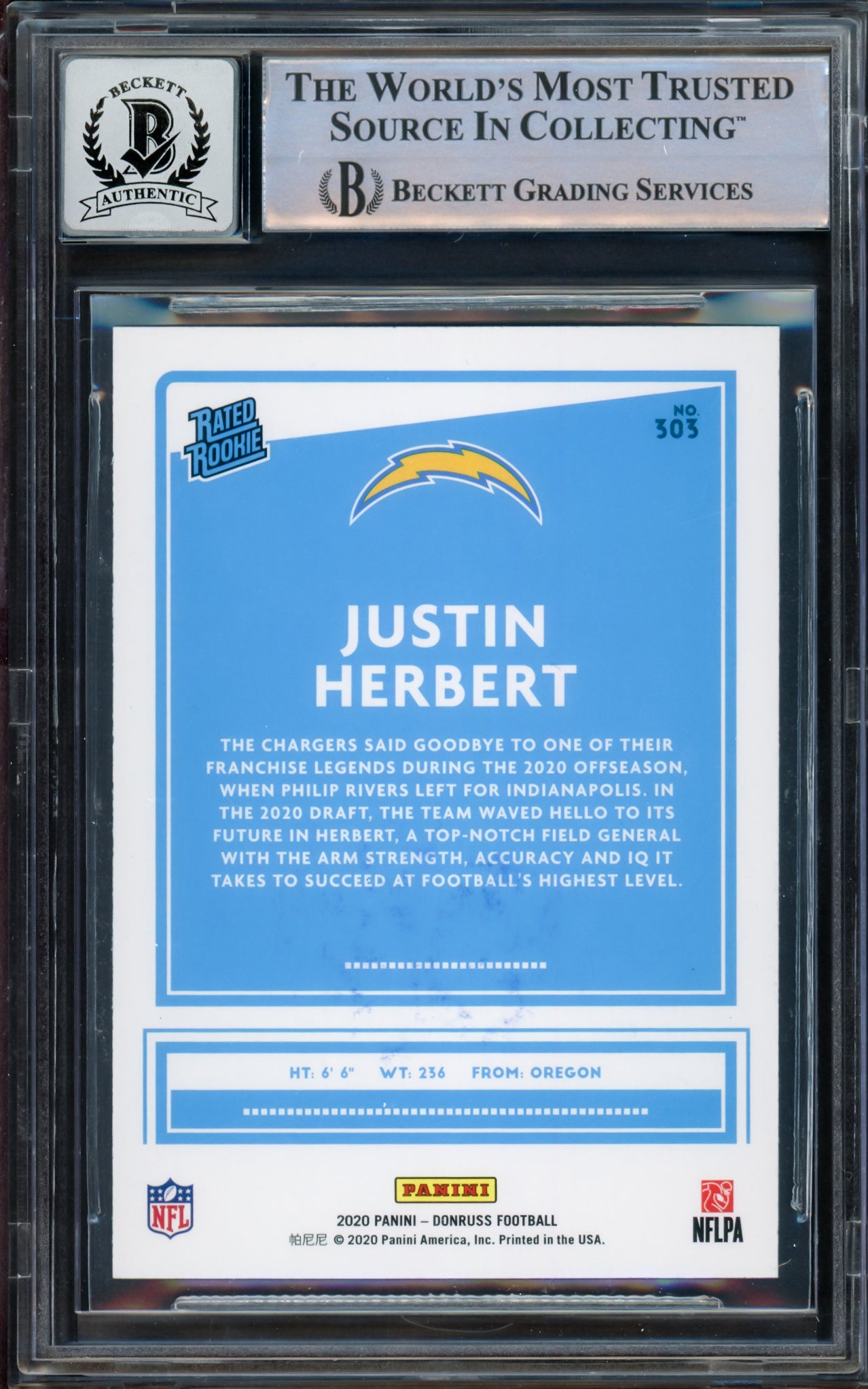 Justin Herbert Autographed 2020 Donruss Rated Rookie Blue Press Proof Rookie Card #303 Los Angeles Chargers Auto Grade Gem Mint 10 Beckett BAS #14242581