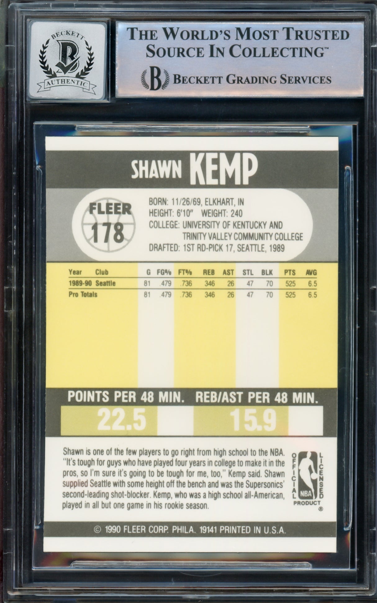 Shawn Kemp Autographed 1990 Fleer Rookie Card #178 Seattle Super Sonics Auto Grade Gem Mint 10 Beckett BAS Stock #206097