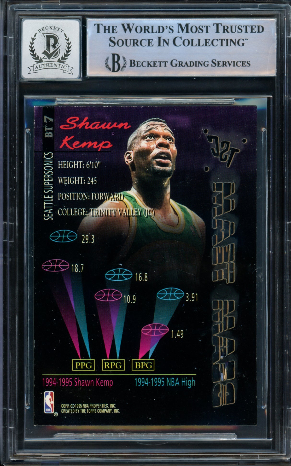 Shawn Kemp Autographed 1995 Topps Stadium Club Beam Team Card #BT7 Seattle Super Sonics Auto Grade Gem Mint 10 Beckett BAS #14236625