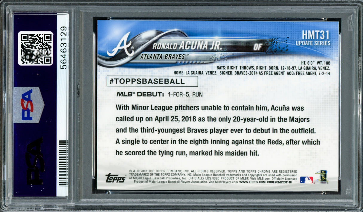 Ronald Acuna Jr. Autographed 2018 Topps Chrome Update Rookie Card #HMT31 Atlanta Braves PSA 9 Auto Grade Gem Mint 10 PSA/DNA #56463129