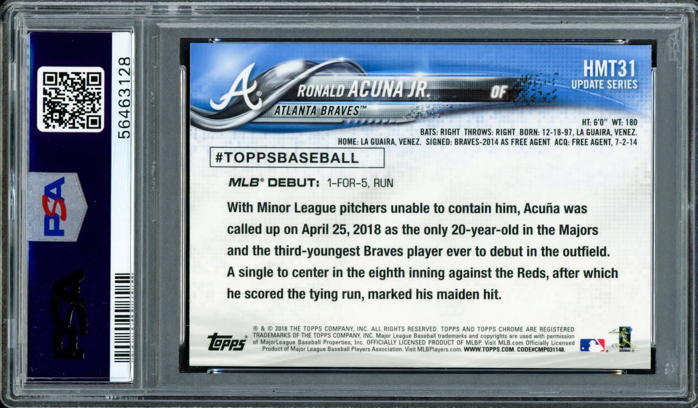 Ronald Acuna Jr. Autographed 2018 Topps Chrome Update Rookie Card #HMT31 Atlanta Braves PSA 9 Auto Grade Mint 9 PSA/DNA #56463128
