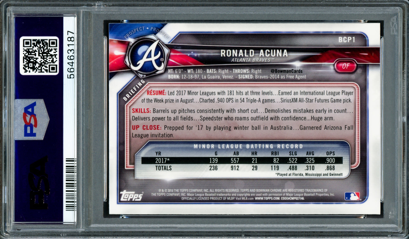 Ronald Acuna Jr. Autographed 2018 Bowman Prospects Chrome Rookie Card #1 Atlanta Braves PSA 9 Auto Grade Mint 9 PSA/DNA #56463187