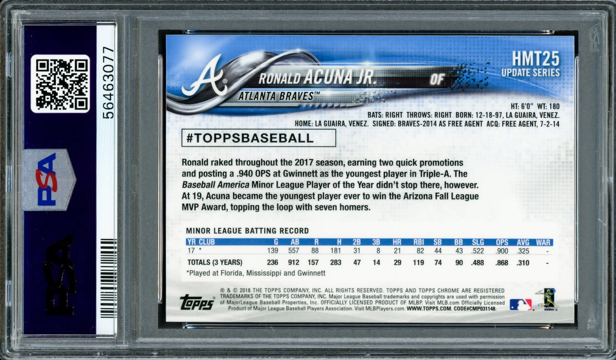 Ronald Acuna Jr. Autographed 2018 Topps Chrome Update Rookie Card #HMT25 Atlanta Braves PSA 9 Auto Grade Mint 9 PSA/DNA #56463077