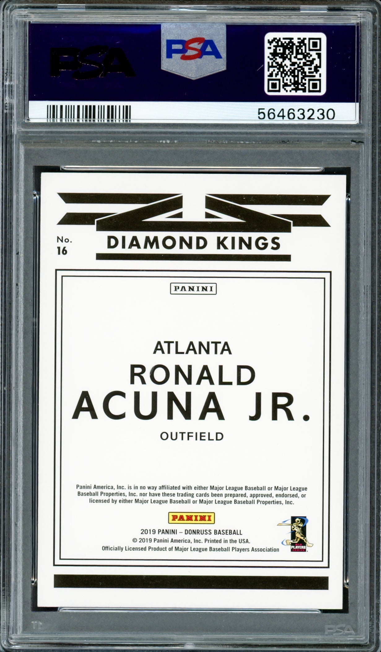 Ronald Acuna Jr. Autographed 2019 Panini Donruss Diamond Kings Card #16 Atlanta Braves PSA 8 Auto Grade Gem Mint 10 PSA/DNA #56463230