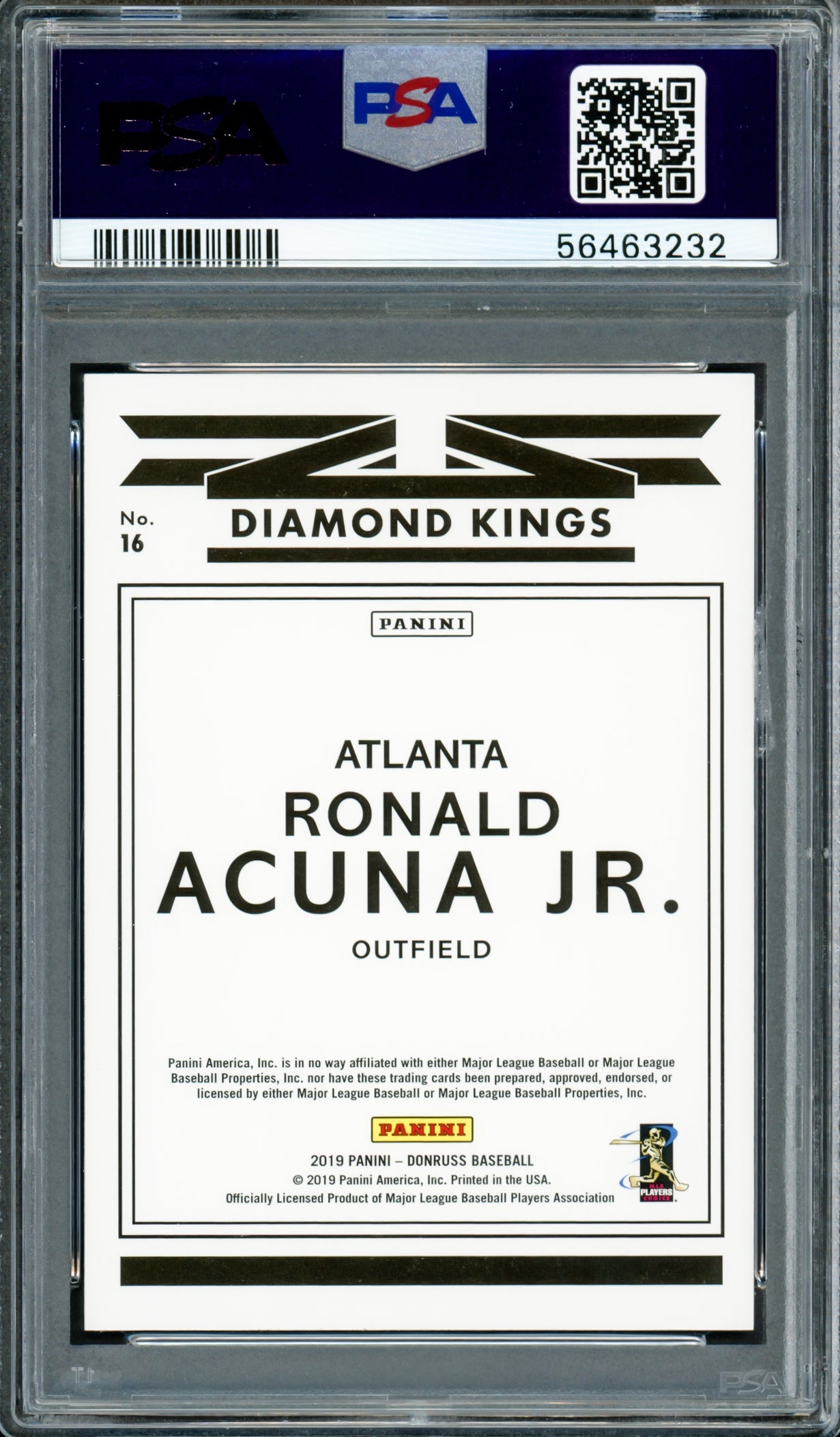 Ronald Acuna Jr. Autographed 2019 Panini Donruss Diamond Kings Card #16 Atlanta Braves PSA 8 Auto Grade Gem Mint 10 PSA/DNA #56463232