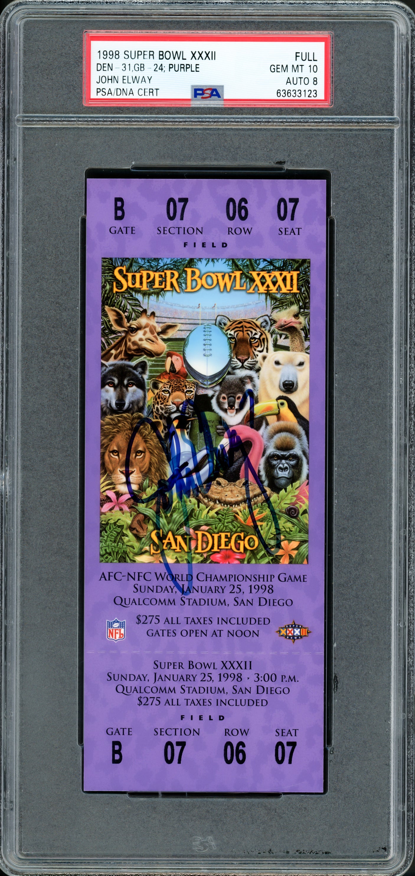 John Elway Autographed 1998 Super Bowl XXXII Ticket Denver Broncos PSA 10 Auto Grade Near Mint/Mint 8 PSA/DNA #63633123