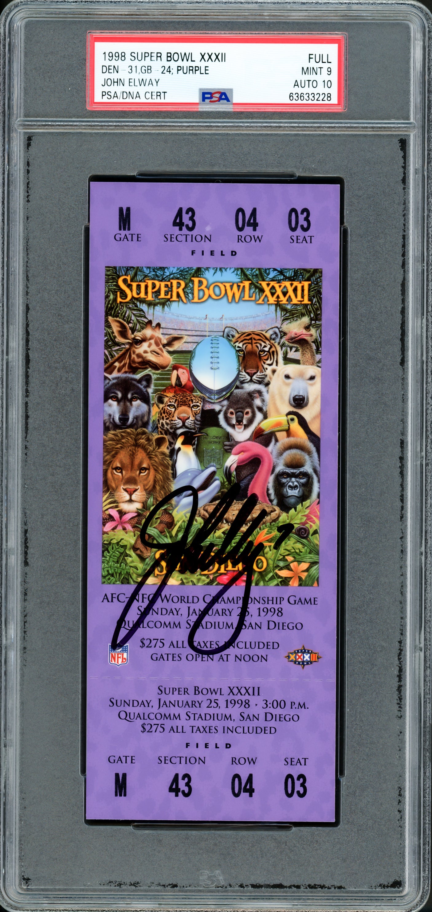 John Elway Autographed 1998 Super Bowl XXXII Ticket Denver Broncos PSA 9 Auto Grade Gem Mint 10 PSA/DNA #63633228