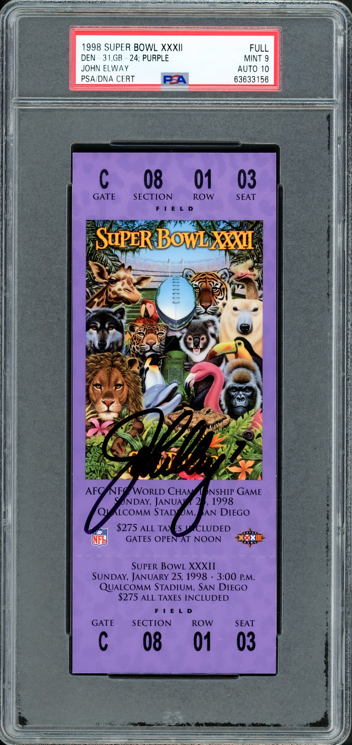 John Elway Autographed 1998 Super Bowl XXXII Ticket Denver Broncos PSA 9 Auto Grade Gem Mint 10 PSA/DNA #63633156