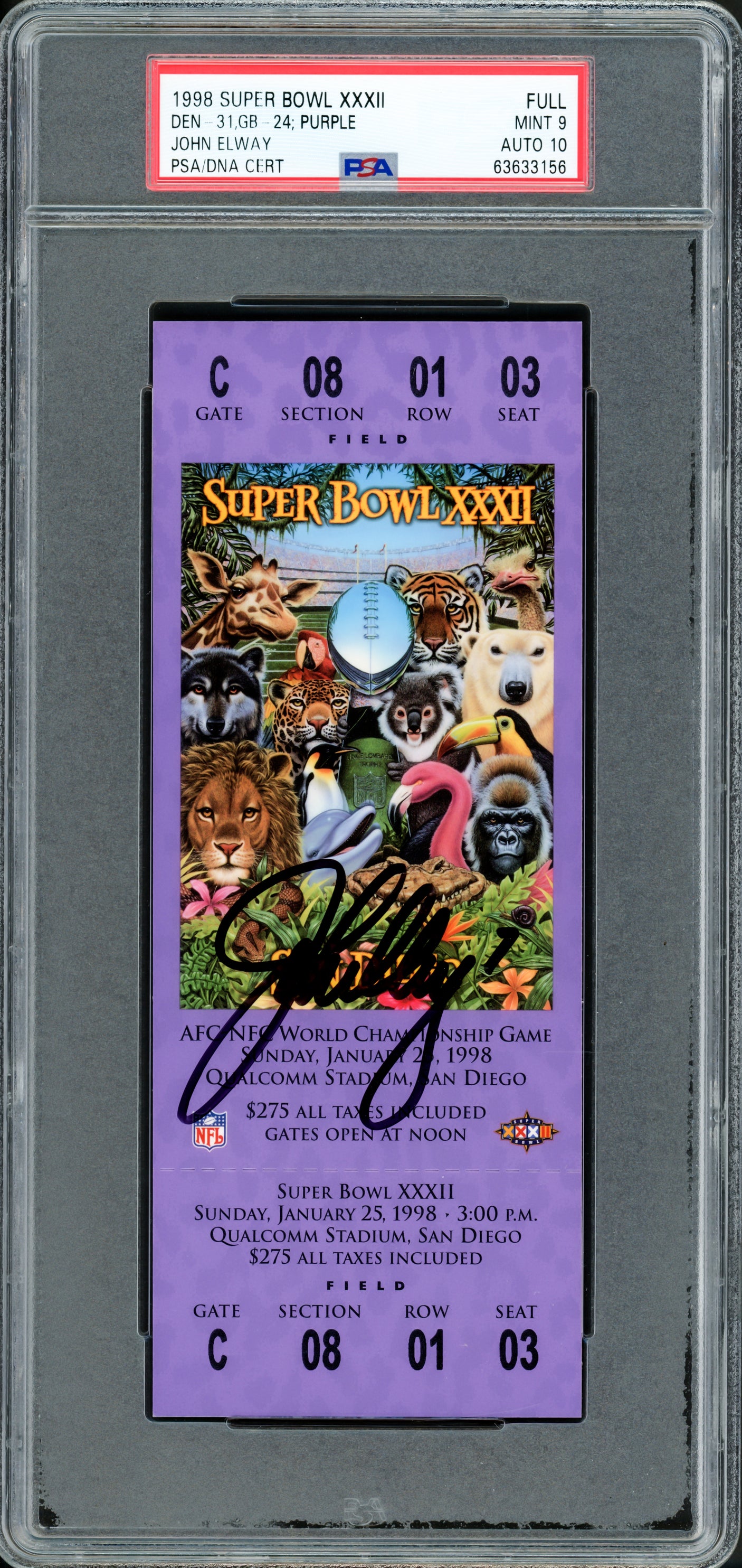 John Elway Autographed 1998 Super Bowl XXXII Ticket Denver Broncos PSA 9 Auto Grade Gem Mint 10 PSA/DNA #63633156