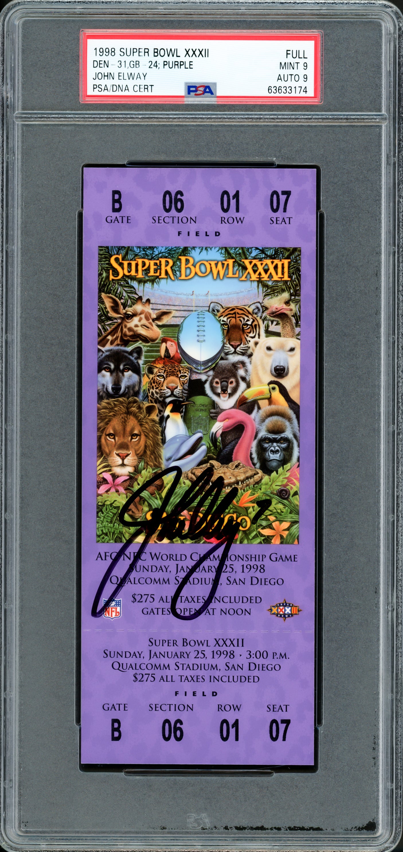 John Elway Autographed 1998 Super Bowl XXXII Ticket Denver Broncos PSA 9 Auto Grade Mint 9 PSA/DNA #63633174