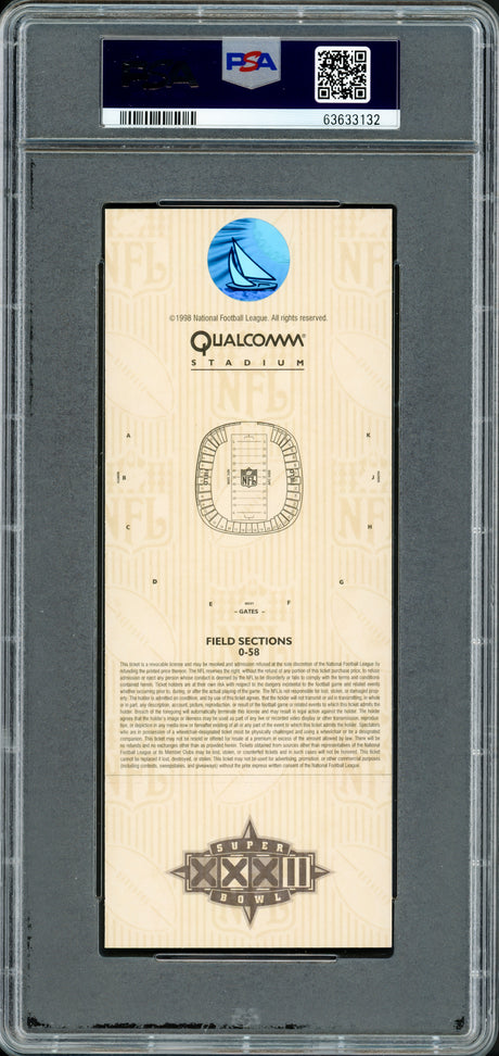 John Elway Autographed 1998 Super Bowl XXXII Ticket Denver Broncos PSA 8 Auto Grade Mint 9 PSA/DNA #63633132
