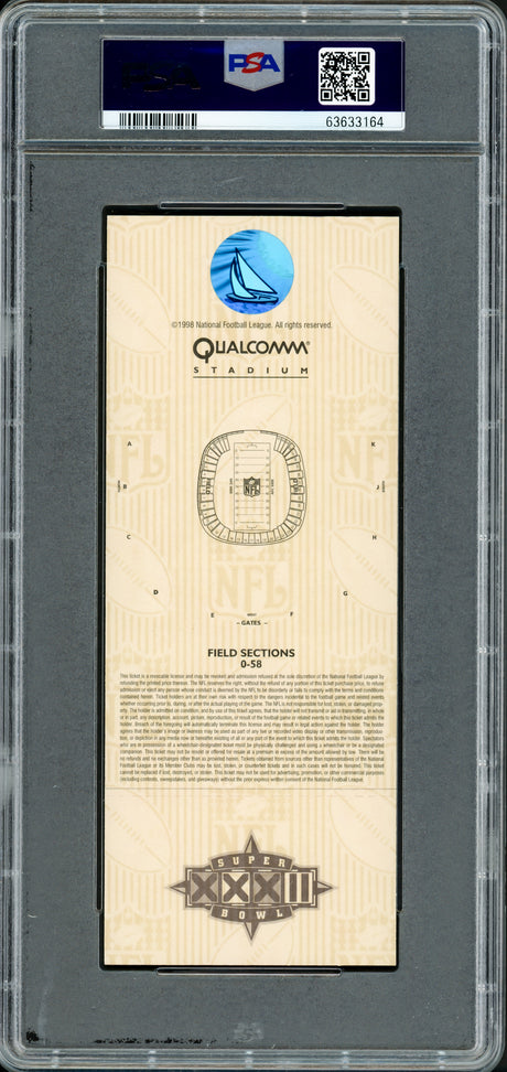 John Elway Autographed 1998 Super Bowl XXXII Ticket Denver Broncos PSA 7 Auto Grade Gem Mint 10 PSA/DNA #63633164