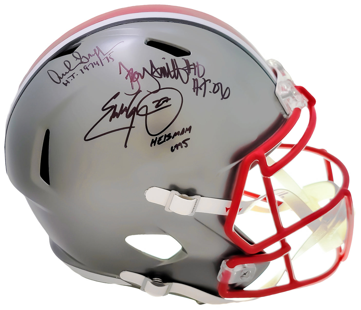 Archie Griffin, Eddie George & Troy Smith Autographed Ohio State Buckeyes Flash Gray Full Size Replica Speed Helmet "Heisman" Beckett BAS QR Stock #203900