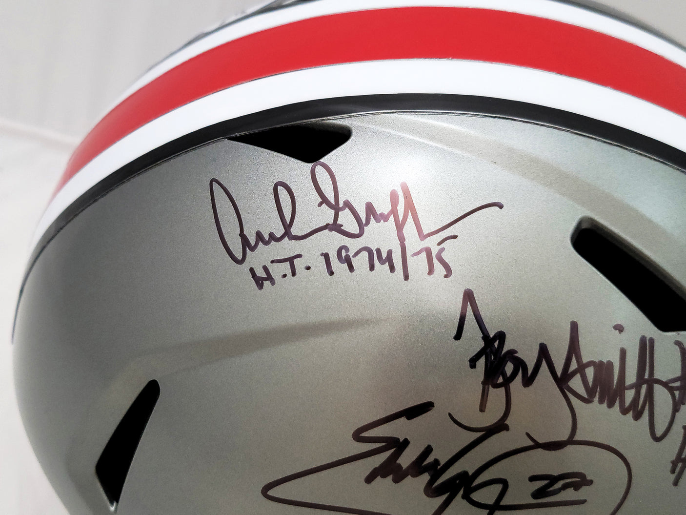 Archie Griffin, Eddie George & Troy Smith Autographed Ohio State Buckeyes Flash Gray Full Size Replica Speed Helmet "Heisman" Beckett BAS QR Stock #203900
