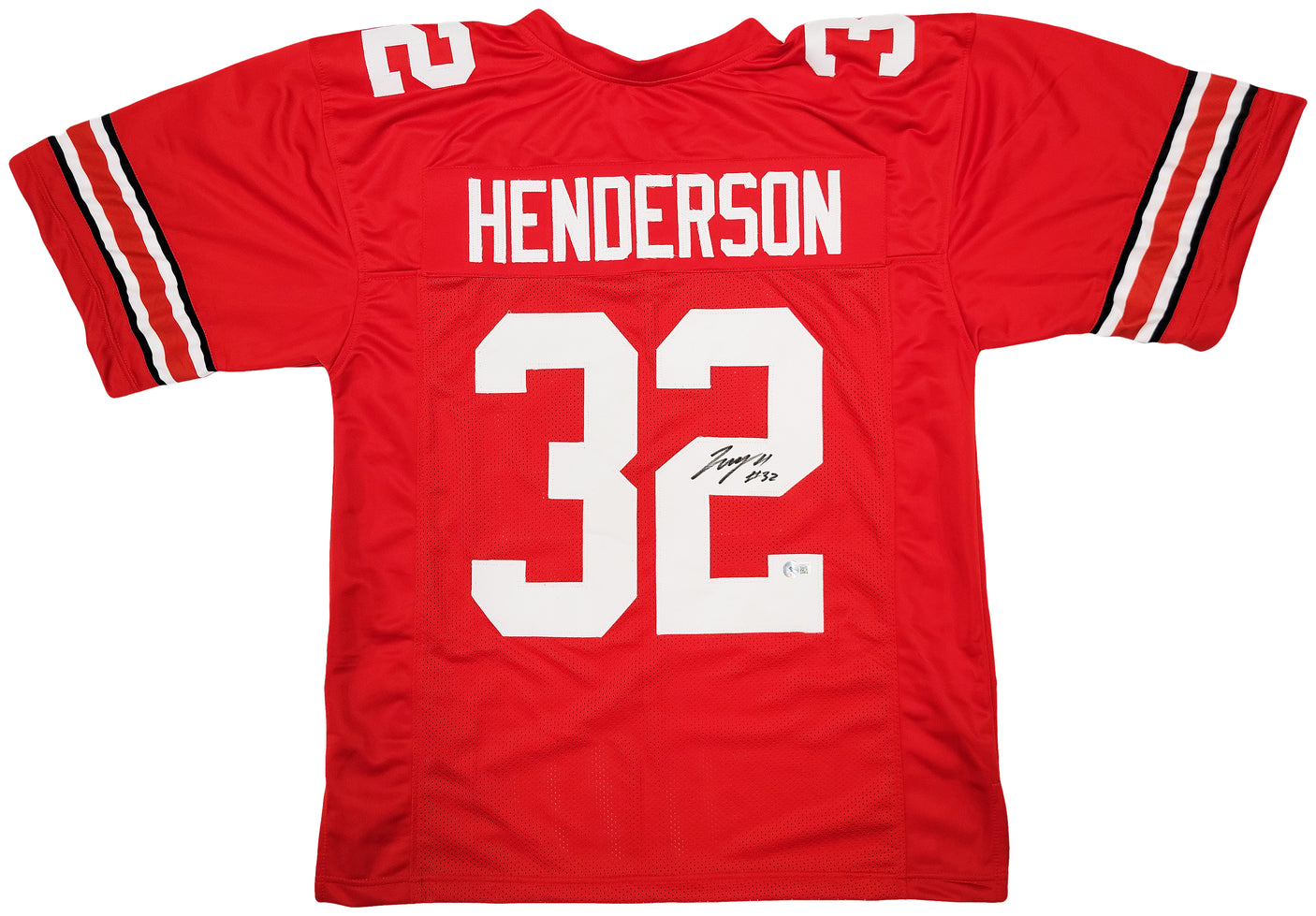 Ohio State Buckeyes TreVeyon Henderson Autographed Red Jersey Beckett BAS QR Stock #203905