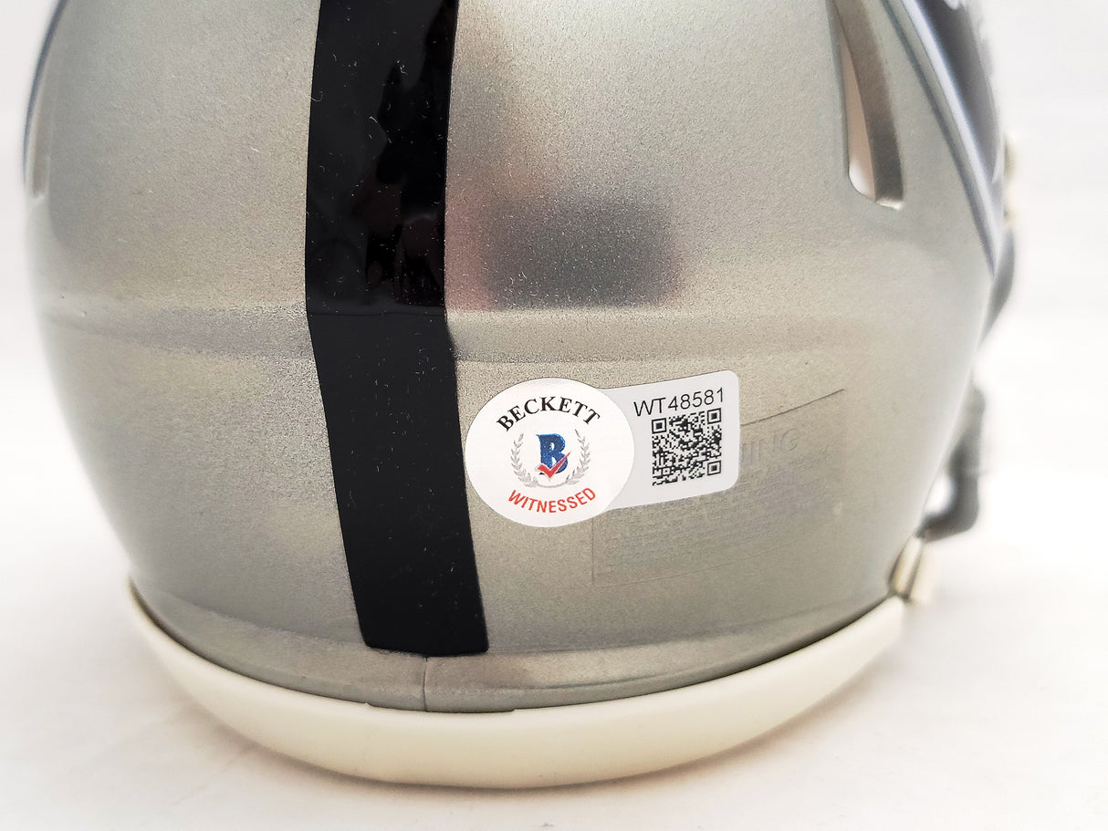 Tim Brown Autographed Los Angeles Raiders Flash Gray Speed Mini Helmet Beckett BAS QR Stock #205679
