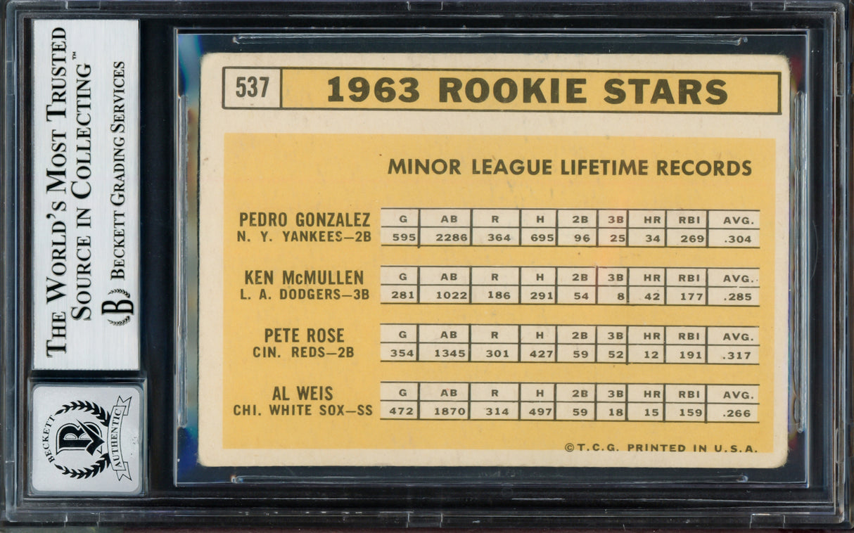 Pete Rose Autographed 1963 Topps Rookie Card #537 Cincinnati Reds Auto Grade Gem Mint 10 "My Rookie Card" Beckett BAS #14127336