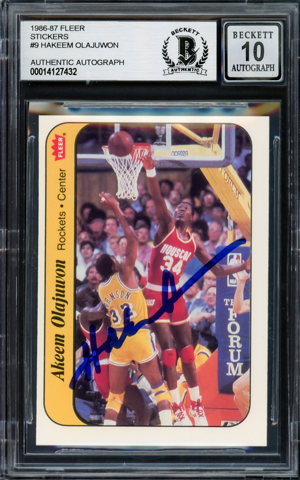 Hakeem Olajuwon Autographed 1986-87 Fleer Stickers Rookie Card #9 Houston Rockets Auto Grade Gem Mint 10 Beckett BAS #14127432