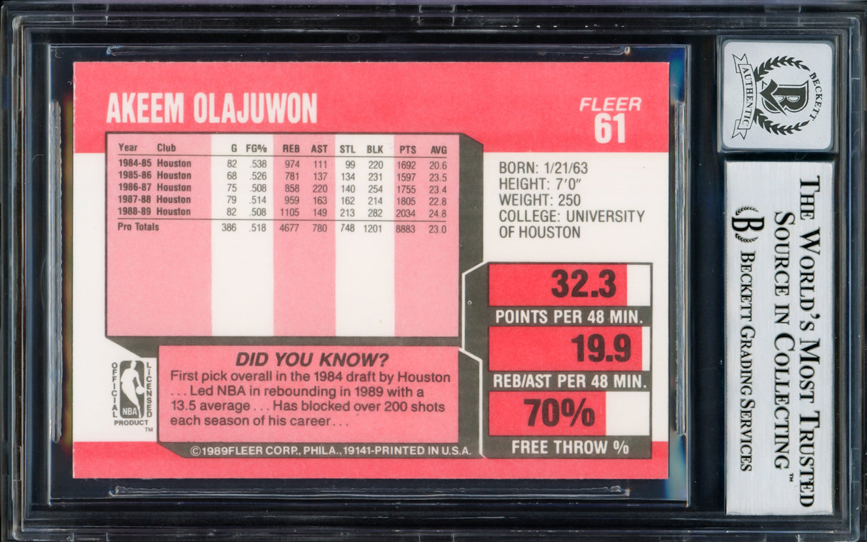 Hakeem Olajuwon Autographed 1989-90 Fleer Card #61 Houston Rockets Auto Grade Gem Mint 10 Beckett BAS #14128325