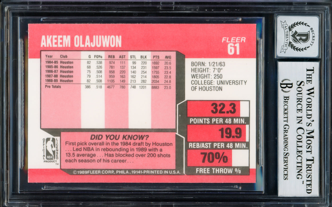 Hakeem Olajuwon Autographed 1989-90 Fleer Card #61 Houston Rockets Auto Grade Gem Mint 10 Beckett BAS #14128325