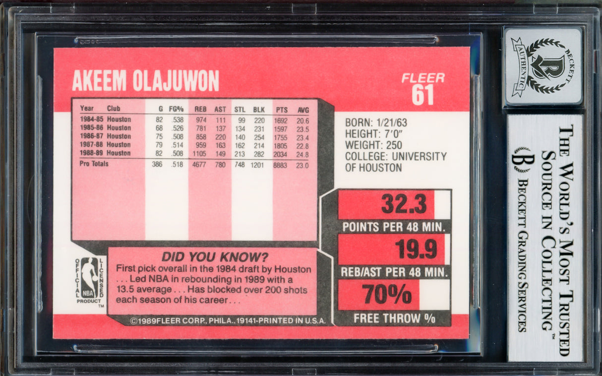 Hakeem Olajuwon Autographed 1989-90 Fleer Card #61 Houston Rockets Auto Grade Gem Mint 10 Beckett BAS #14128326