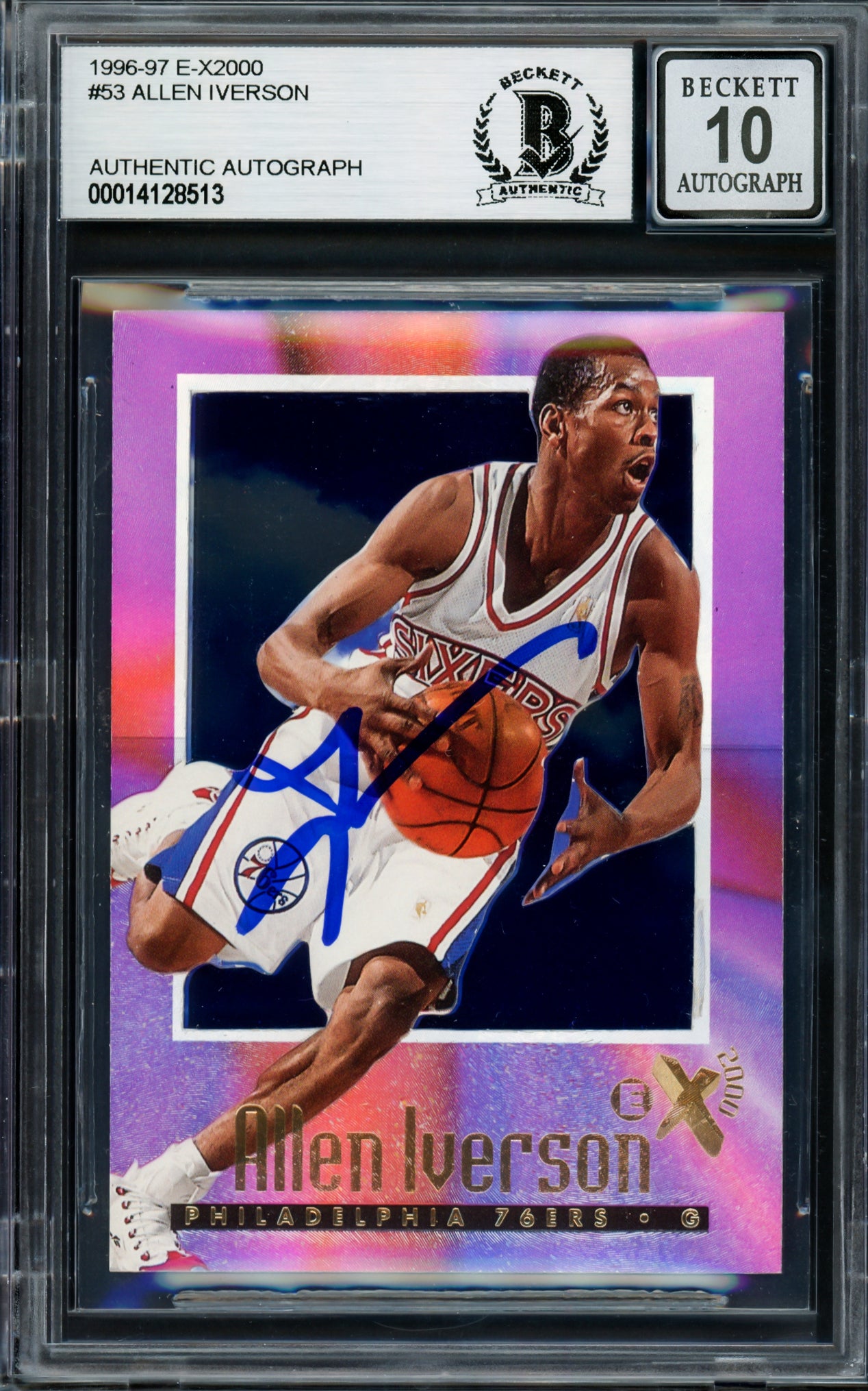 Allen Iverson Autographed 1996-97 Skybox E-X 2000 Rookie Card #53 Philadelphia 76ers Auto Grade Gem Mint 10 Beckett BAS #14128513