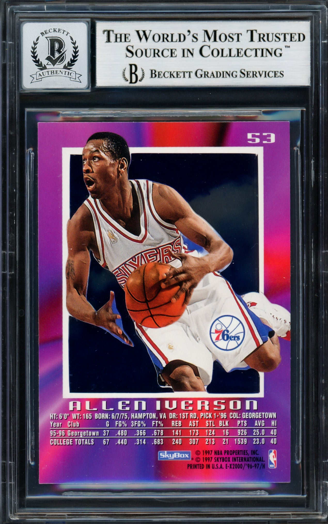 Allen Iverson Autographed 1996-97 Skybox E-X 2000 Rookie Card #53 Philadelphia 76ers Auto Grade Gem Mint 10 Beckett BAS #14128514