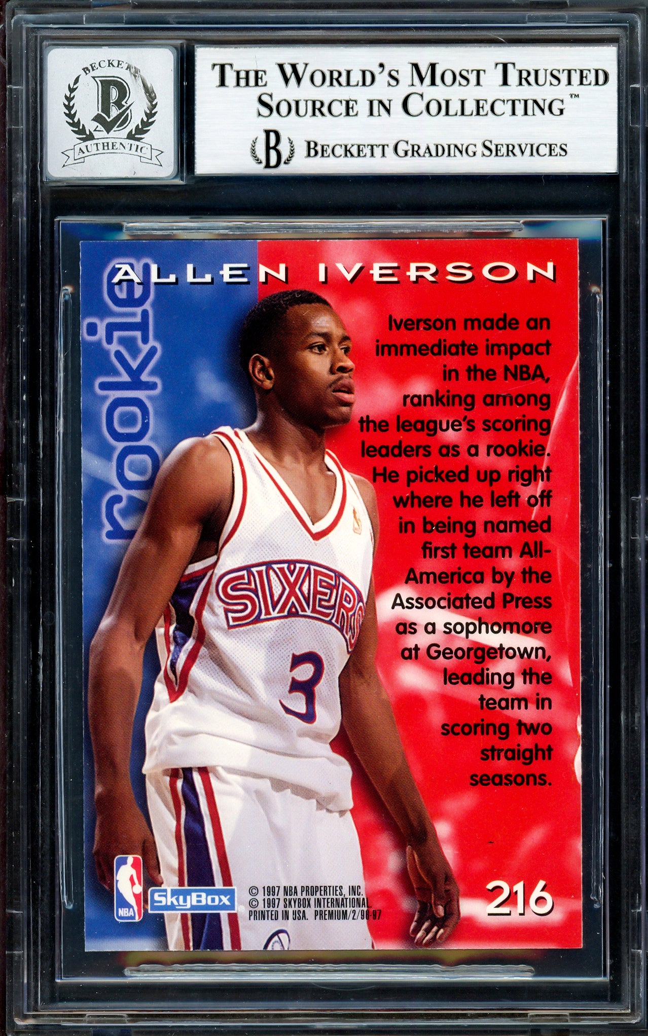 Allen Iverson Autographed 1996-97 Skybox Premium Rookie Card #216 Philadelphia 76ers Auto Grade Gem Mint 10 Beckett BAS Stock #205771