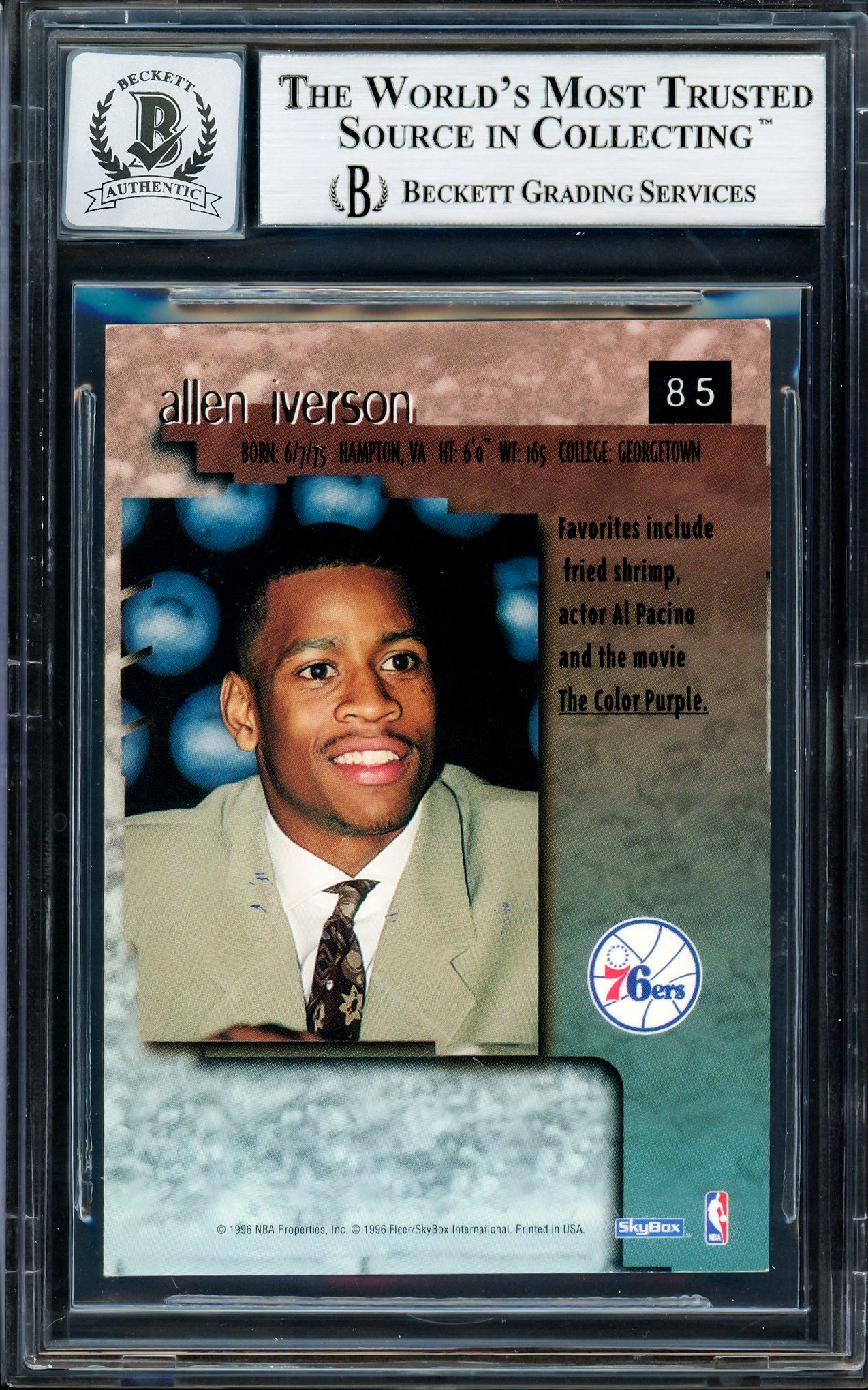 Allen Iverson Autographed 1996-97 Skybox Premium Rookie Card #85 Philadelphia 76ers Auto Grade Gem Mint 10 Beckett BAS Stock #205772