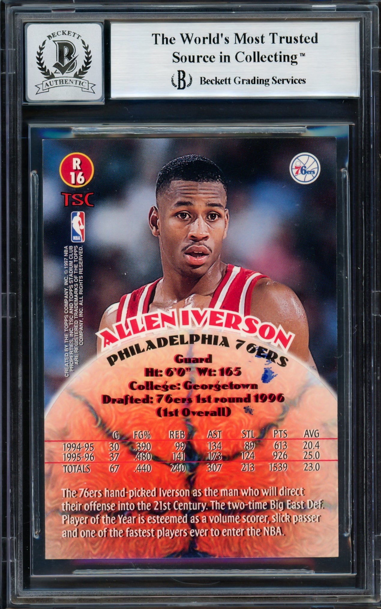 Allen Iverson Autographed 1996-97 Stadium Club Rookie Card #R16 Philadelphia 76ers Auto Grade Gem Mint 10 Beckett BAS #14128552