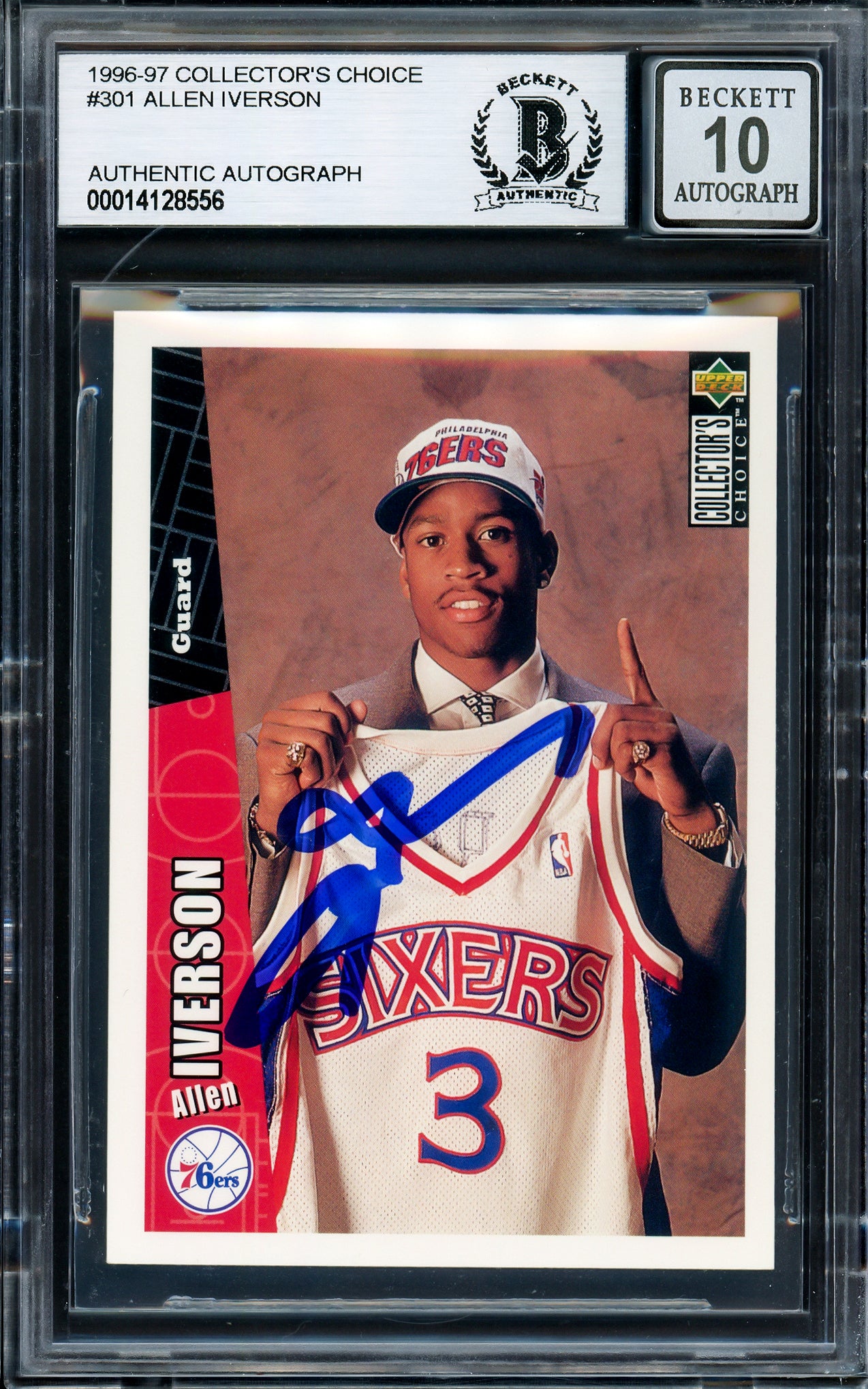 Allen Iverson Autographed 1996-97 Upper Deck Collector's Choice Rookie Card #301 Philadelphia 76ers Auto Grade Gem Mint 10 Beckett BAS Stock #205776