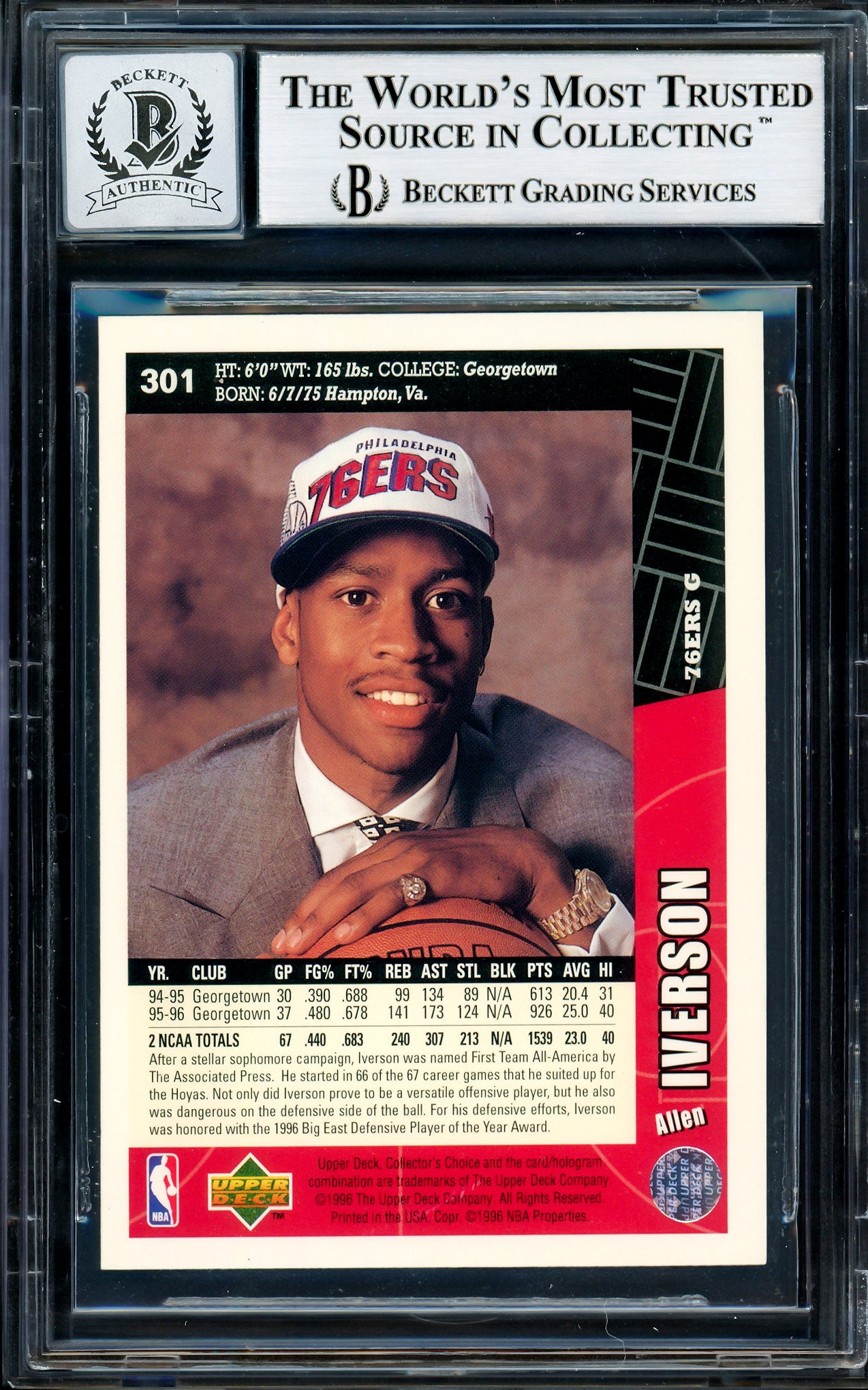 Allen Iverson Autographed 1996-97 Upper Deck Collector's Choice Rookie Card #301 Philadelphia 76ers Auto Grade Gem Mint 10 Beckett BAS Stock #205776