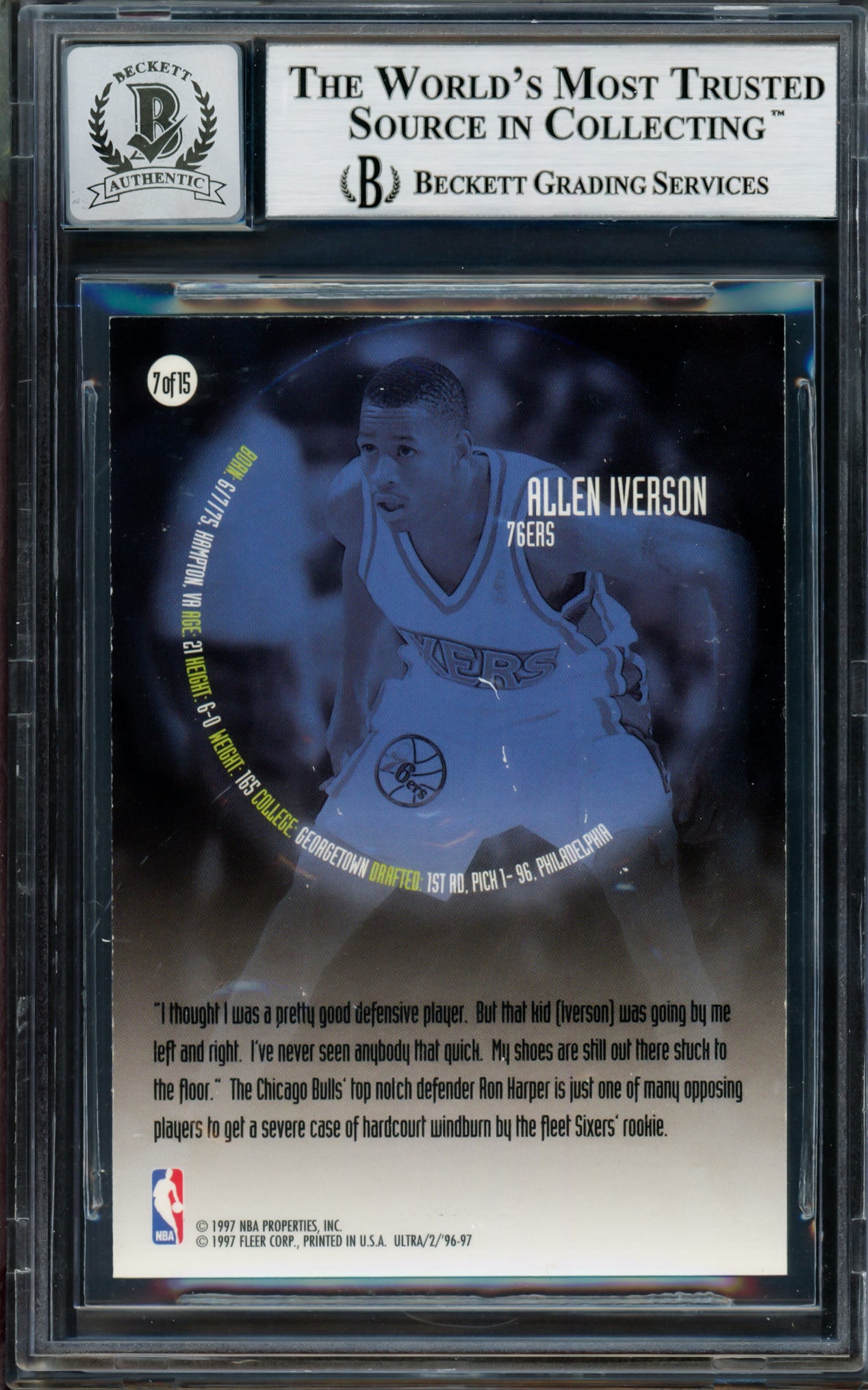 Allen Iverson Autographed 1996-97 Fleer Ultra All Rookie Card #7 Philadelphia 76ers Auto Grade Gem Mint 10 Beckett BAS #14128582