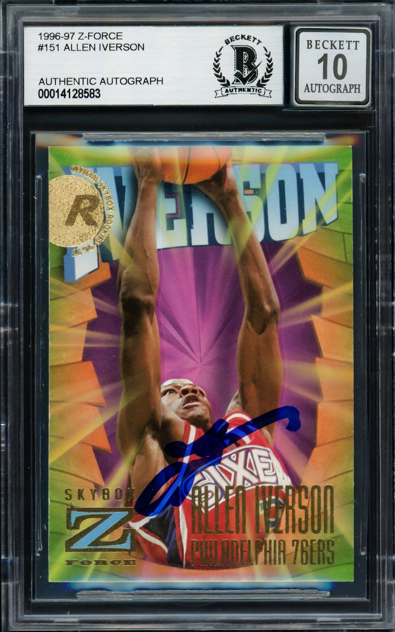 Allen Iverson Autographed 1996-97 Skybox Z Force Rookie Card #151 Philadelphia 76ers Auto Grade Gem Mint 10 Beckett BAS #14128583