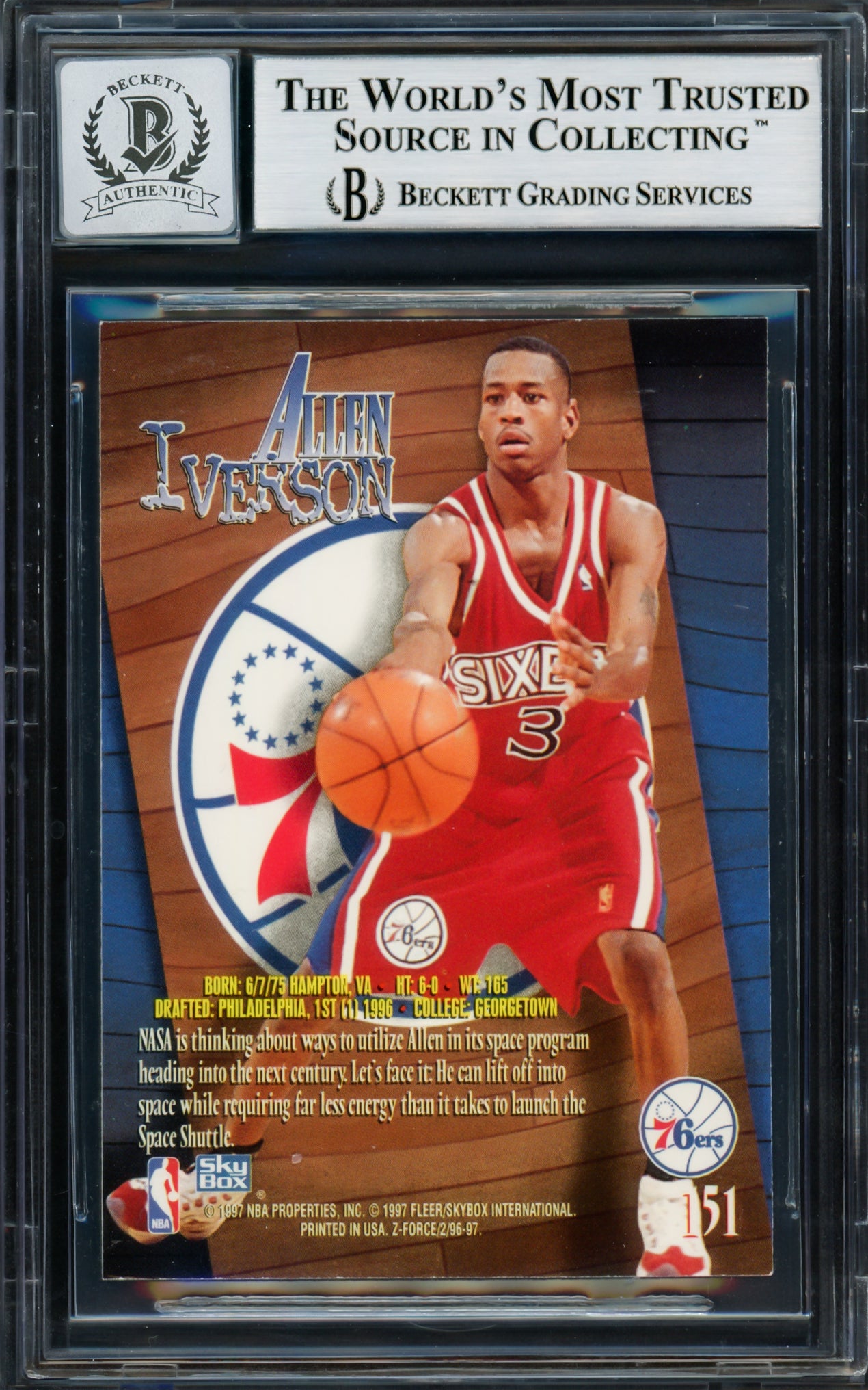 Allen Iverson Autographed 1996-97 Skybox Z Force Rookie Card #151 Philadelphia 76ers Auto Grade Gem Mint 10 Beckett BAS #14128583