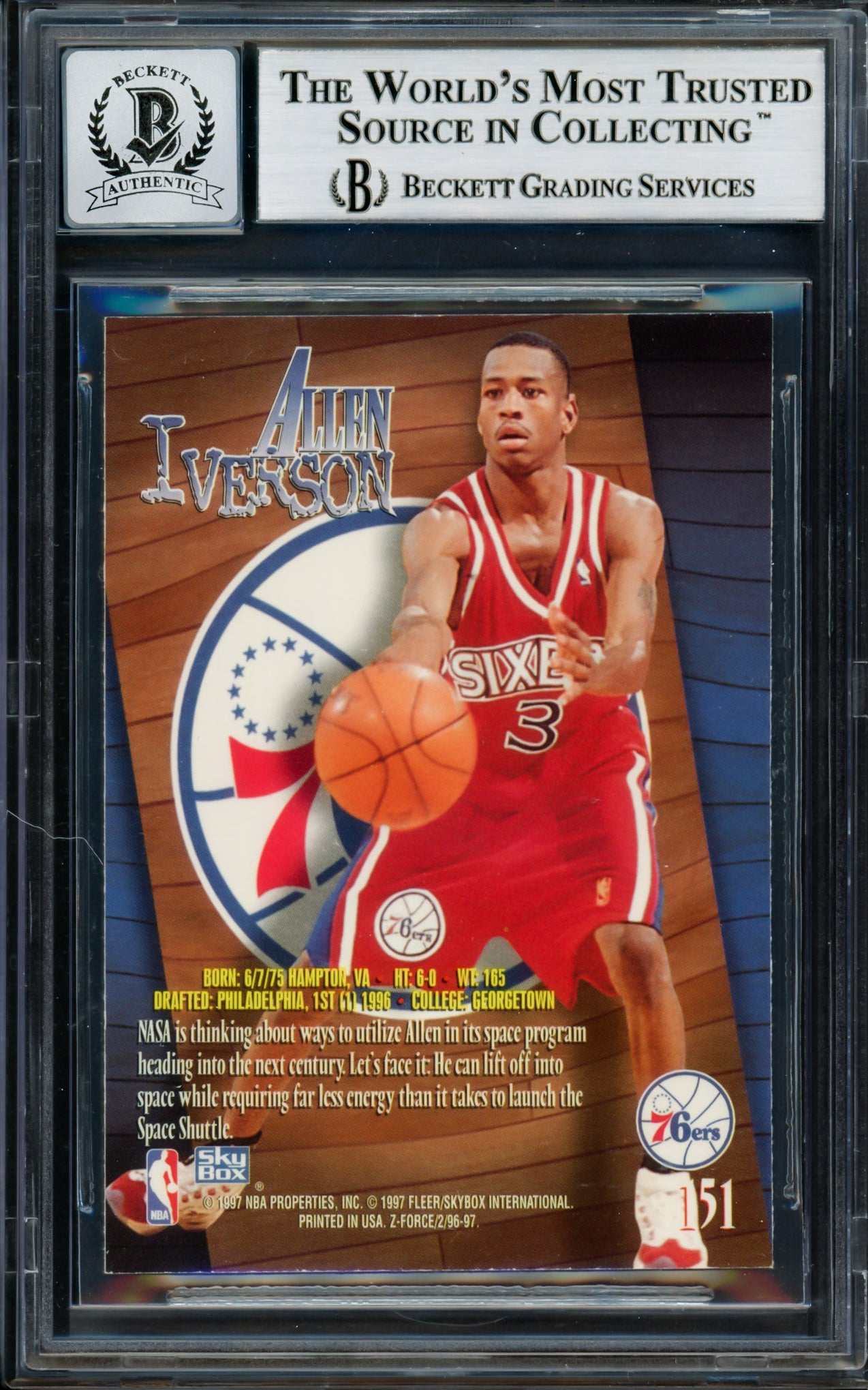 Allen Iverson Autographed 1996-97 Skybox Z Force Rookie Card #151 Philadelphia 76ers Auto Grade Gem Mint 10 Beckett BAS #14128585