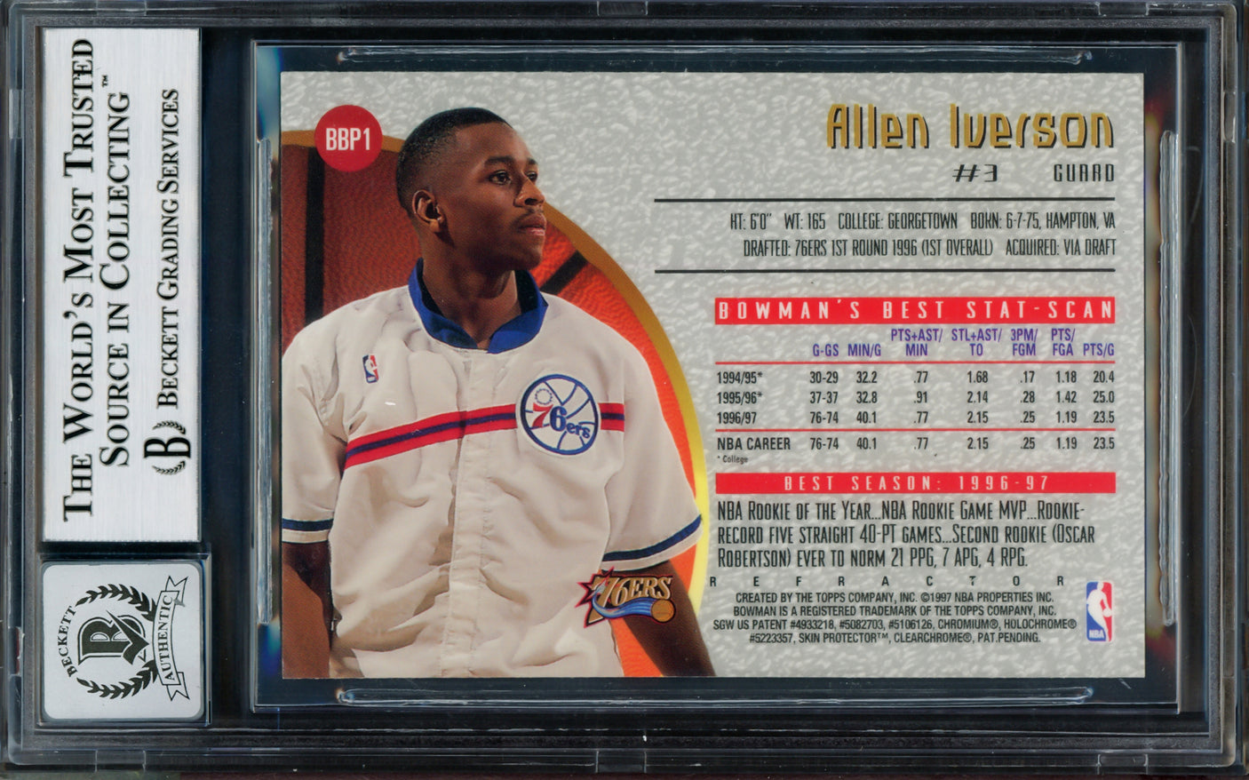 Allen Iverson Autographed 1997-98 Bowman's Best Preview Refractor Rookie Card #BBP1 Philadelphia 76ers Auto Grade Gem Mint 10 Beckett BAS #14128586