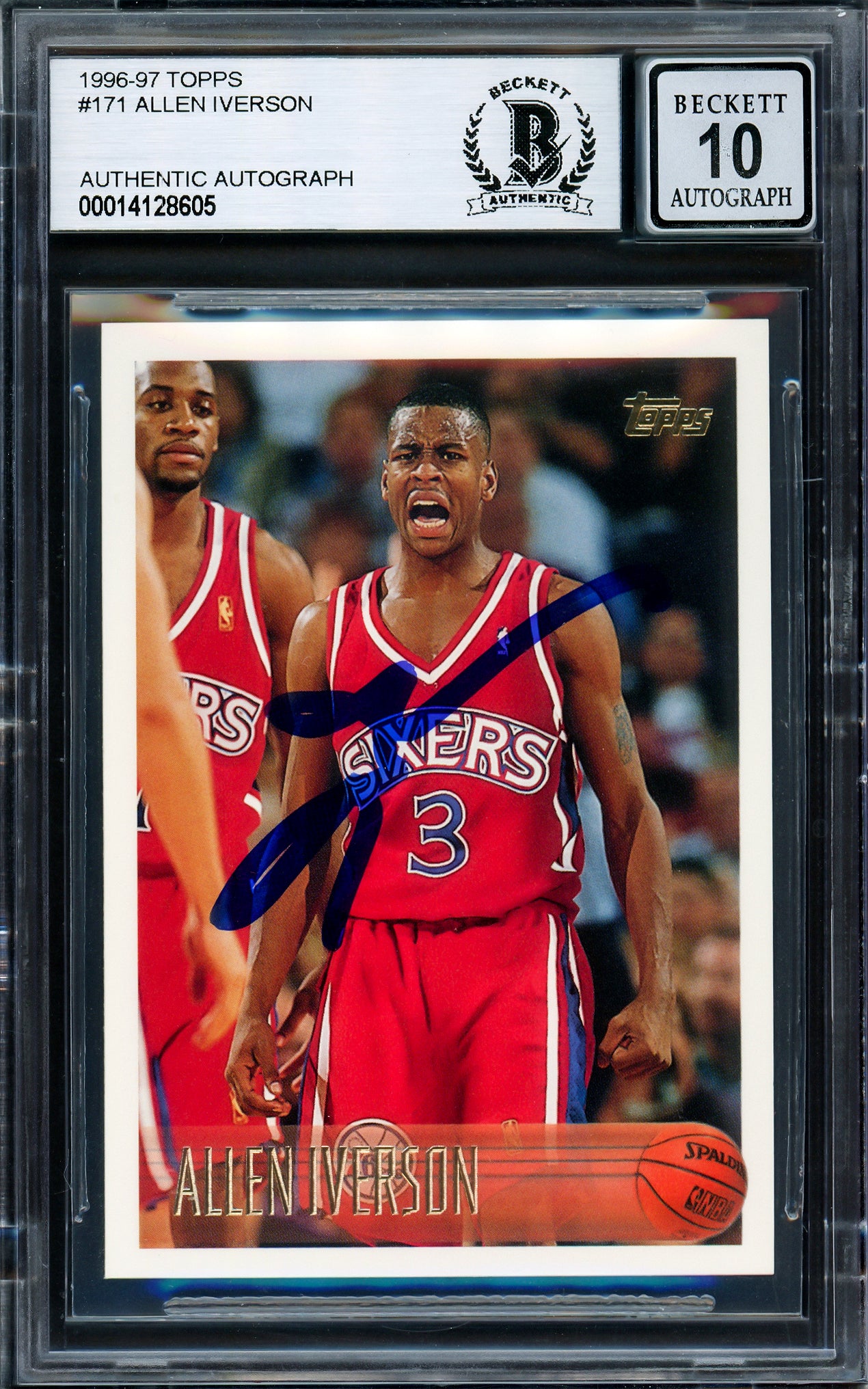 Allen Iverson Autographed 1996-97 Topps Rookie Card #171 Philadelphia 76ers Auto Grade Gem Mint 10 Beckett BAS Stock #205786