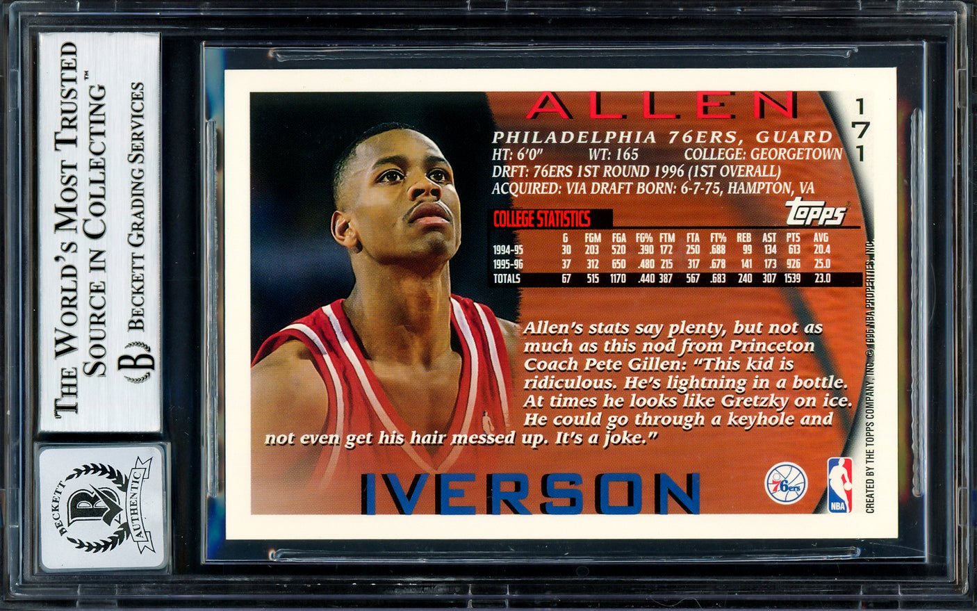 Allen Iverson Autographed 1996-97 Topps Rookie Card #171 Philadelphia 76ers Auto Grade Gem Mint 10 Beckett BAS Stock #205786