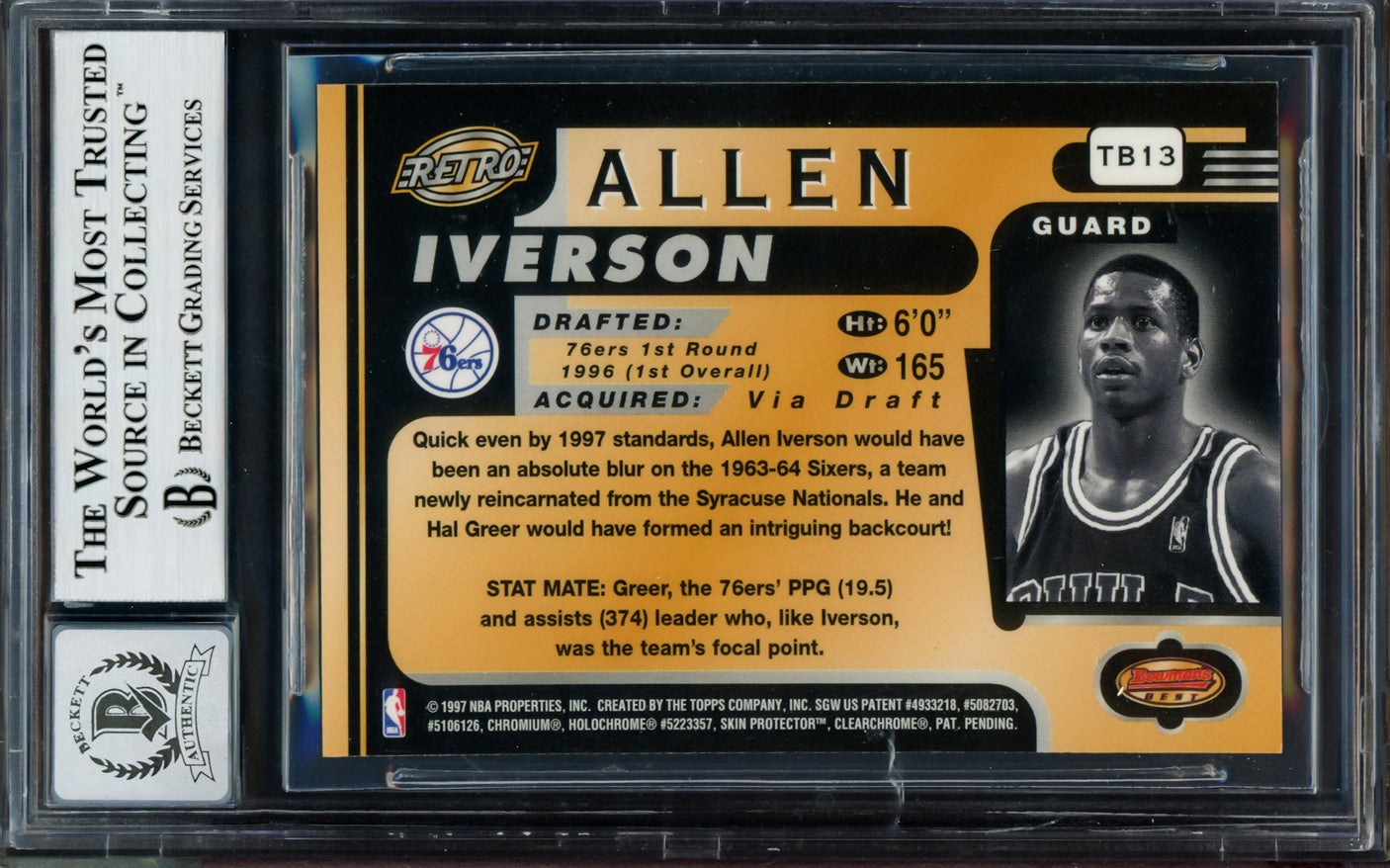 Allen Iverson Autographed 1996-97 Bowman's Best Retro Rookie Card #TB13 Philadelphia 76ers Auto Grade Gem Mint 10 Beckett BAS #14128771
