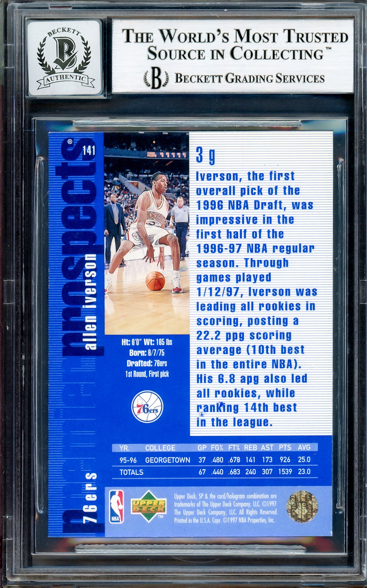 Allen Iverson Autographed 1996-97 SP Authentic Rookie Card #141 Philadelphia 76ers Auto Grade Gem Mint 10 Beckett BAS Stock #205793