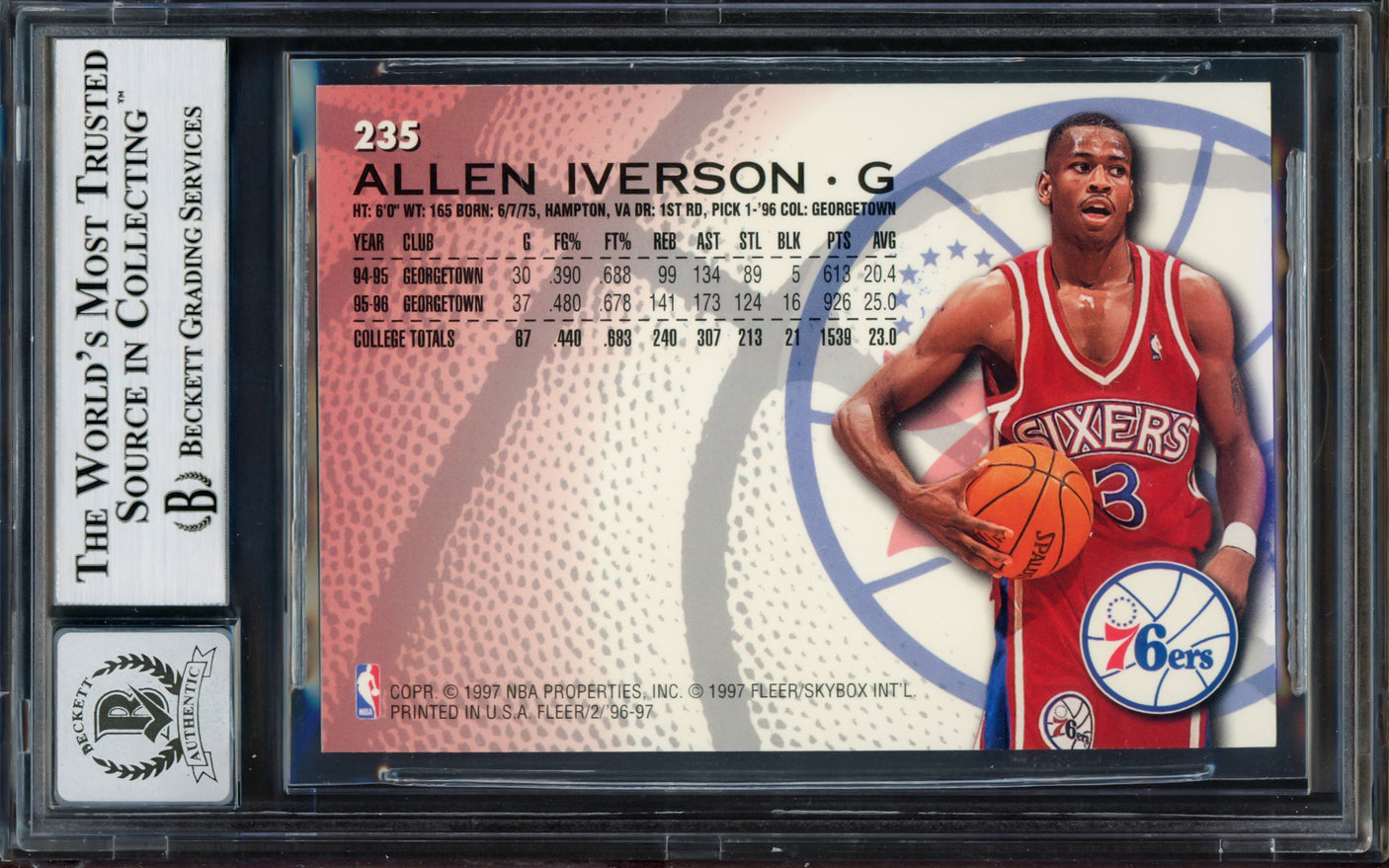 Allen Iverson Autographed 1996-97 Fleer Rookie Card #235 Philadelphia 76ers Auto Grade Gem Mint 10 Beckett BAS #14128963