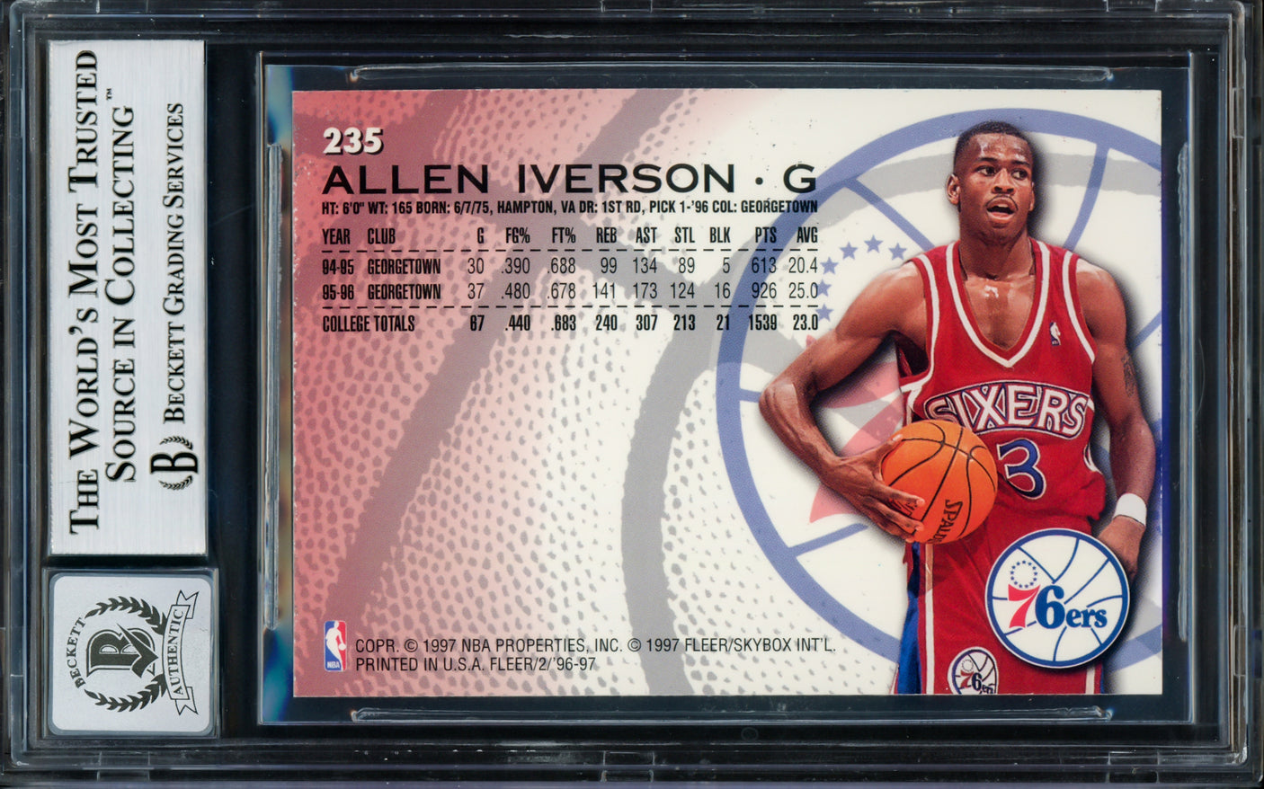 Allen Iverson Autographed 1996-97 Fleer Rookie Card #235 Philadelphia 76ers Auto Grade Gem Mint 10 Beckett BAS #14128964