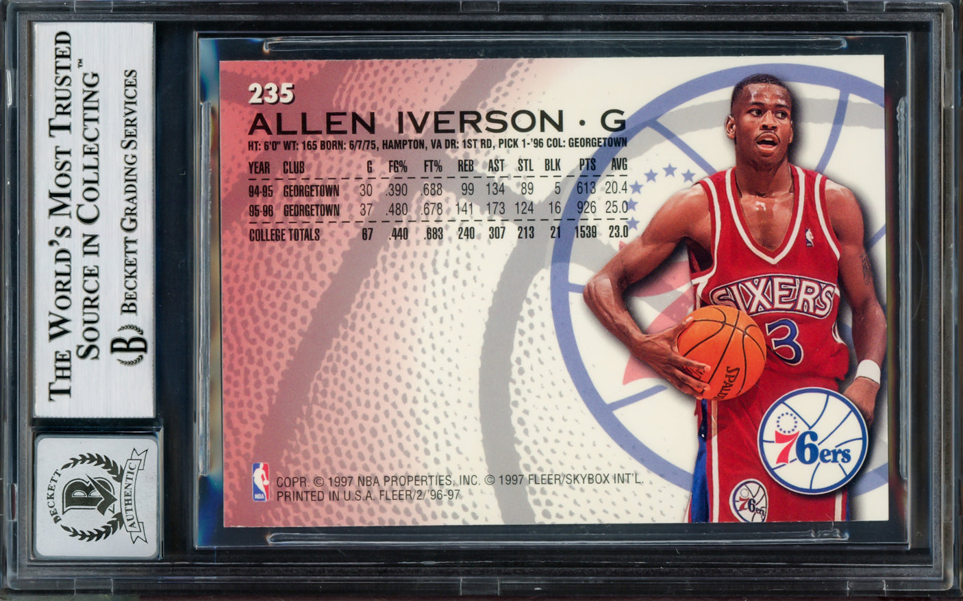 Allen Iverson Autographed 1996-97 Fleer Rookie Card #235 Philadelphia 76ers Auto Grade Gem Mint 10 Beckett BAS #14128965