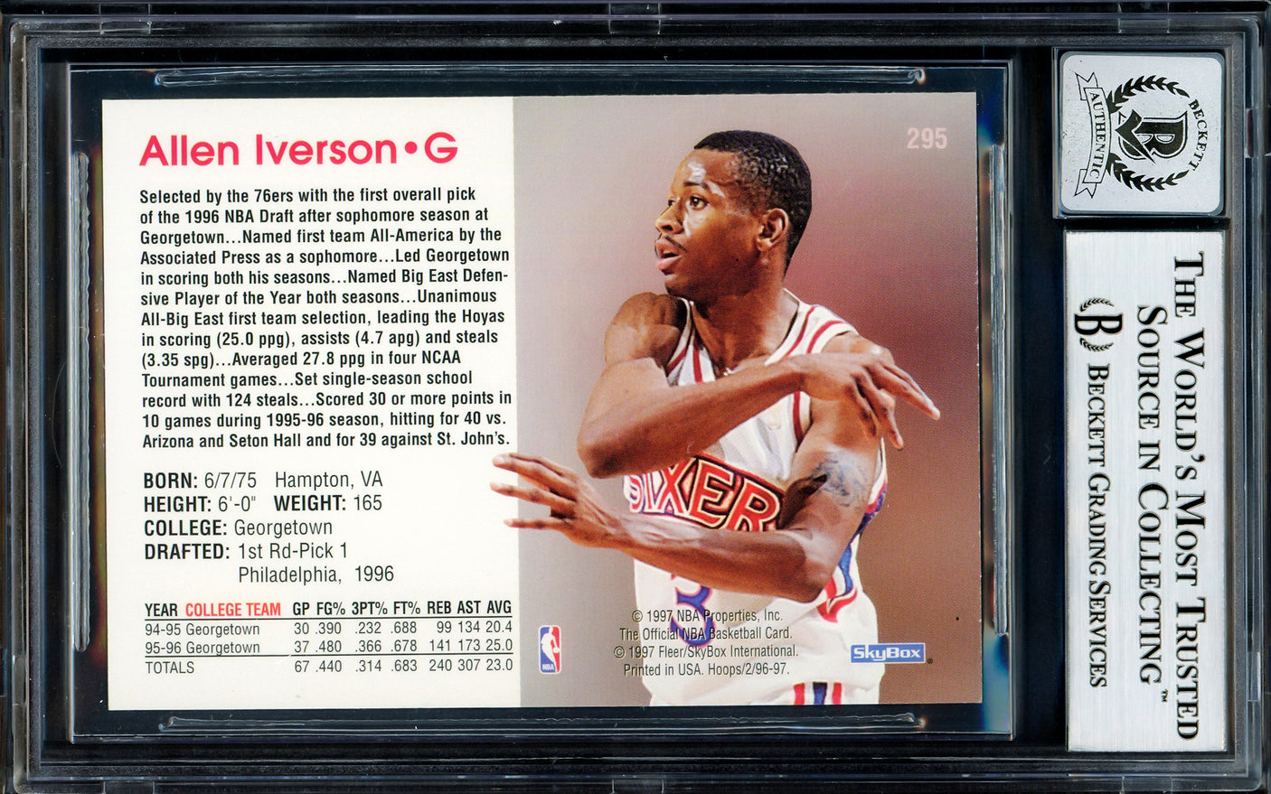 Allen Iverson Autographed 1996-97 Hoops Rookie Card #295 Philadelphia 76ers Auto Grade Gem Mint 10 Beckett BAS Stock #205798